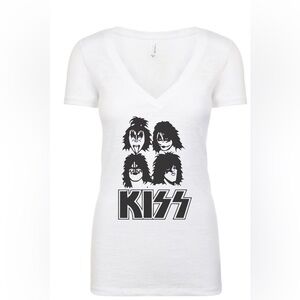 Kiss rock band stripe texture printed V- neck T-shirt soft and thin